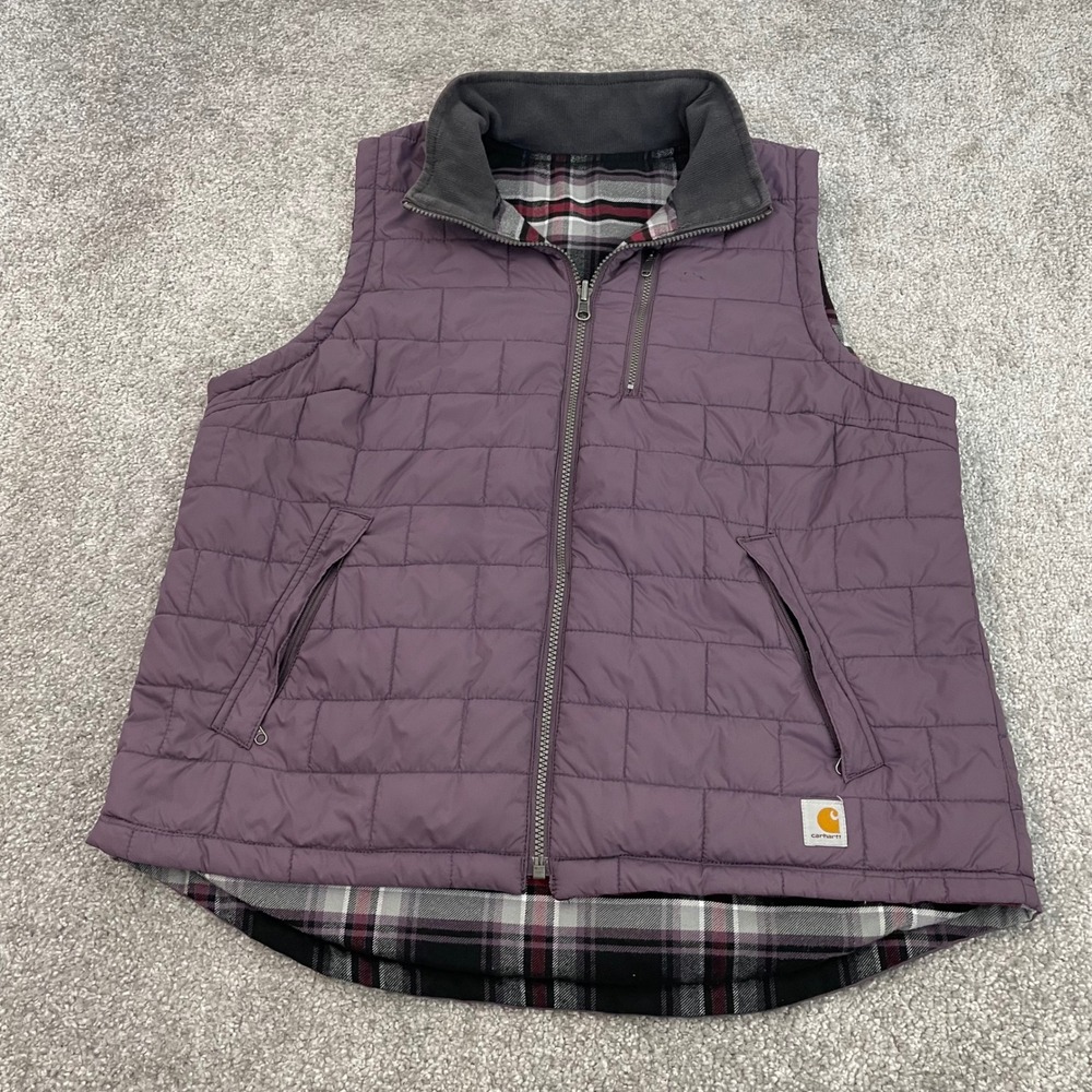Carhartt Reversible Vest Womens Large Quilted Insulated Plaid Amoret Purple